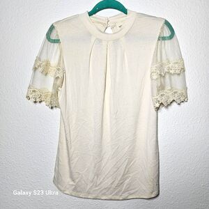 Willow Young Contemporary blouse cream color med. sheer lace sleeves cottagecore